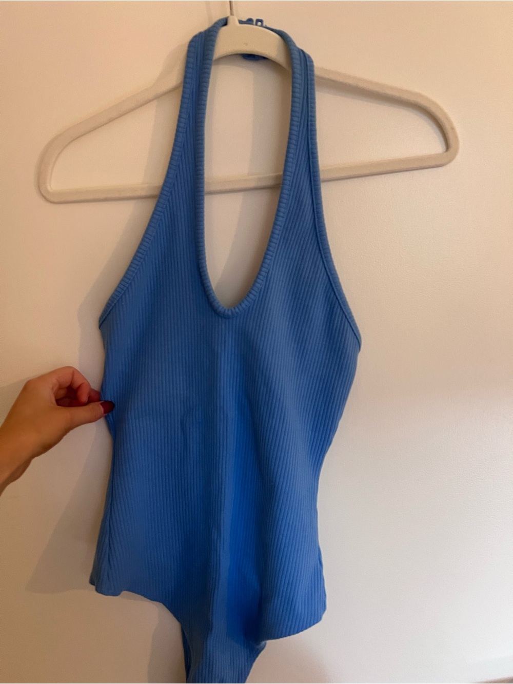 American Eagle Outfitters Sky Blue Ribbed Halter Bodysuit